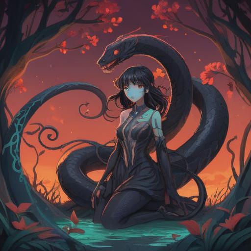 A mystical interpretation of a black snake, symbolizing transformation and rebirth, entwined with vibrant, ethereal elements, surrounded by a serene forest backdrop, glowing crystals and ancient symbols, conveying deep spiritual meaning, harmonious and calming atmosphere, 4k