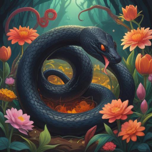 A mystical scene featuring a black snake coiled around vibrant flowers, ethereal glow surrounding the snake, symbols of spirituality and good fortune, serene forest backdrop, soft sunlight filtering through trees, gentle breeze, enchanting atmosphere, contrasting colors, 4k