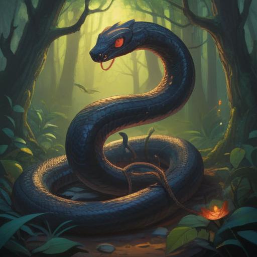A mysterious black snake emerging from the shadows, mystical energy surrounding it, symbolism of transformation and caution, a serene forest backdrop, ethereal light filtering through the trees, an aura of spirituality and awareness, detailed scales glistening, an atmosphere of quiet intensity, 4k