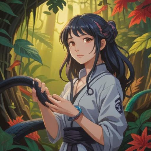 A person holding a lucky charm, vibrant colors, a shimmering black snake coiling around their wrist, sunlight filtering through leaves, a sense of fortune in the air, joyful expressions, nature backdrop, magical atmosphere, 4k