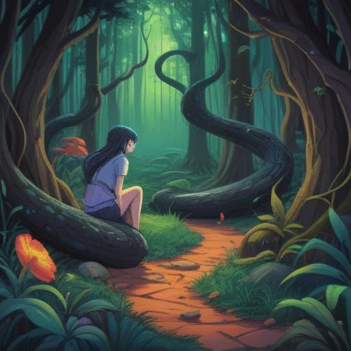 A detailed scene depicting a person reflecting on their encounter with a black snake, post-event contemplation, an atmospheric forest background, hints of tension in the air, dappled sunlight filtering through the leaves, the person's expression a mix of awe and fear, rich textures, 4k