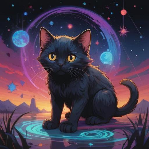 A symbolic illustration of a black kitten, representing mystery and intuition, surrounded by mystical elements like stars and moons, softly glowing aura, peaceful atmosphere, exploring spirituality, delicate details, enchanting backdrop, 4k