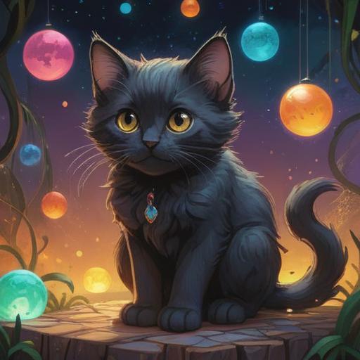 A black kitten sitting calmly with bright, sparkling eyes, surrounded by ethereal glowing orbs, symbolizing spiritual guidance, vibrant colors radiating warmth, soft light filtering through trees, serene atmosphere, harmonious nature, mystical vibes, 4k