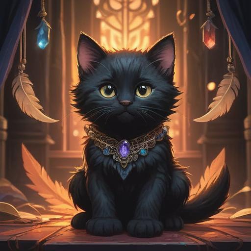 A black kitten sitting quietly, mysterious aura surrounding it, soft glowing light, symbolic elements like feathers and crystals nearby, gentle shadows, captivating eyes full of wisdom, serene environment with a hint of magic, 4k
