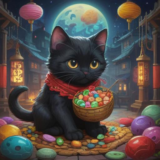 A charming scene featuring a black kitten playing with a variety of lucky charms, vibrant colors, detailed textures, traditional Japanese lucky items like maneki-neko and omamori, whimsical atmosphere, playful interaction, cozy environment, inviting warmth, 4k