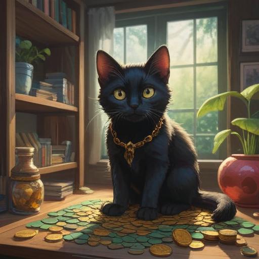A charming black kitten sitting in a sunlit room, surrounded by objects symbolizing good luck like four-leaf clovers and coins, bright and inviting atmosphere, playful expression, gentle shadows, cozy interior design, positive energy, vivid colors, 4k