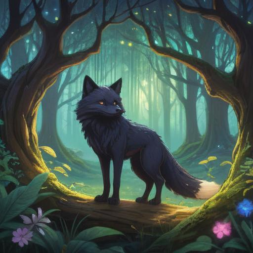 A mystical black fox in a serene forest, surrounded by ethereal light and ancient trees, representing transformation and intuition, symbols of wisdom and adaptability, intricate details of the fox's fur glistening, a tranquil atmosphere, soft glow illuminating the scene, 4k