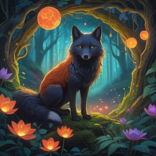 A lucky charm inspired by a black fox sighting, intricate design, mystical symbols, glowing aura, nature elements, forest backdrop, enchanting atmosphere, vibrant colors, detailed textures, 4k
