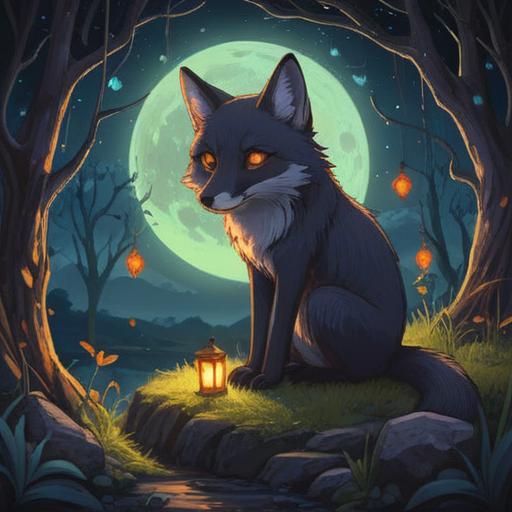 A mystical scene depicting a person receiving a message from a black fox, the fox sits elegantly with glowing eyes, soft moonlight illuminating the forest surroundings, ethereal atmosphere, enchanting plants and trees, the person's curious expression, intricate details in fur and foliage, magical aura, 4k