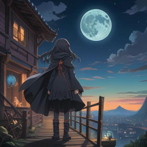 A serene and introspective scene depicting a person in a black outfit, surrounded by symbolic elements, such as a moonlit sky, ethereal energy, and flowing dark fabrics, representing spirituality and self-discovery, mystical atmosphere, deep connection to the universe, emotional depth, contrast of light and shadows, 4k