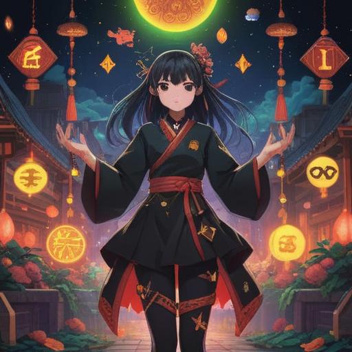 A mystical scene depicting a person in a black outfit holding a lucky charm, surrounded by glowing symbols of fortune, vibrant aura around the character, rich details in the clothing texture, enchanting background with soft lighting, a sense of empowerment and positivity, 4k