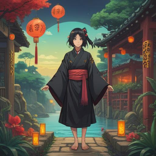 A serene and inspiring illustration depicting a person in black clothing, standing confidently in a tranquil environment, surrounded by symbols of good fortune such as lucky charms and positive energy, subtle aura radiating from the figure, warm light filtering through trees, peaceful atmosphere, mindfulness and focus emphasized, 4k