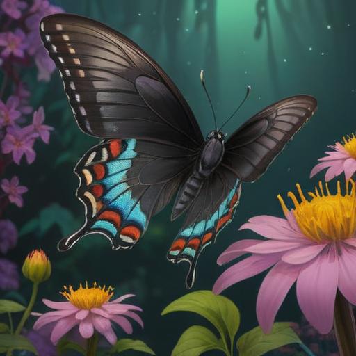 A mystical black swallowtail butterfly perched on a vibrant flower, ethereal glow surrounding it, symbolizing transformation and spiritual growth, intricate details in the wings, enchanting forest backdrop, calm and serene atmosphere, 4k