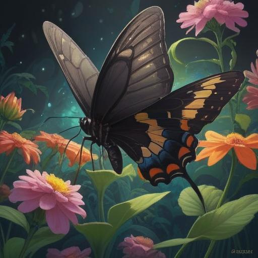 A black swallowtail butterfly gracefully perched on a vibrant blooming flower, symbolizing transformation and spiritual growth, ethereal light surrounding the butterfly, lush green foliage in the background, serene atmosphere, intricate details capturing the butterfly's shimmering wings, harmony with nature, vivid colors, 4k