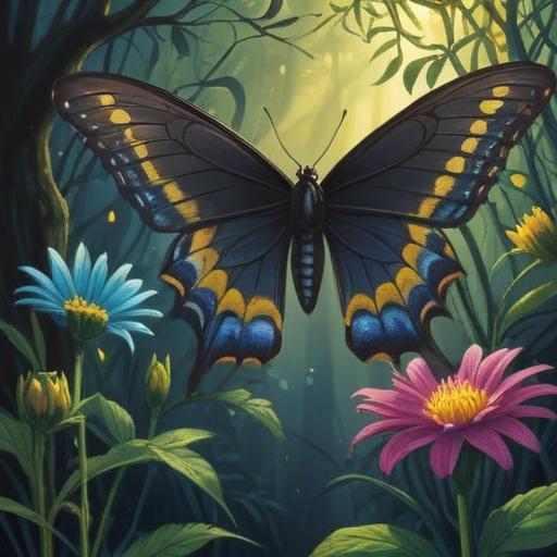 A striking illustration of a black swallowtail butterfly, symbolizing spiritual presence, surrounded by mystical elements, glowing light effects, ethereal atmosphere, serene natural setting, detailed flora and fauna, captivating visual narrative, 4k