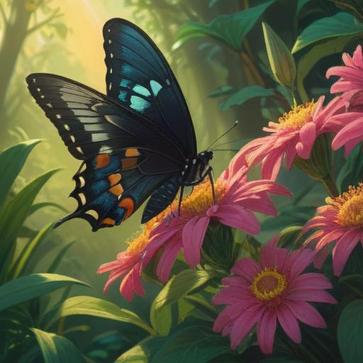 A black swallowtail butterfly perched on a vibrant flower, glistening wings catching the sunlight, surrounded by lush green foliage, a sense of tranquility and good fortune, the number seven subtly integrated in the background, symbolic of luck, serene atmosphere, rich details, 4k