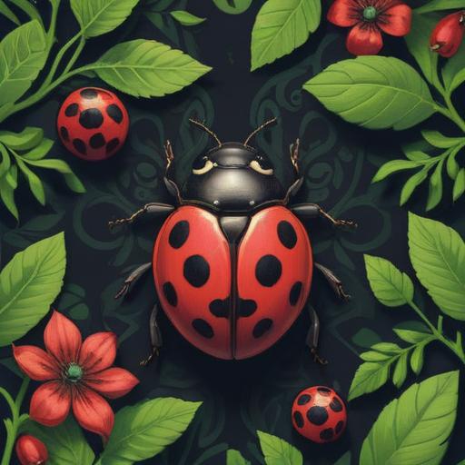 A spiritual representation of a black ladybug with red spots, symbolizing transformation and protection, surrounded by lush greenery, soft light filtering through leaves, serene atmosphere, intricate details in the ladybug's design, harmonious colors, ethereal essence, 4k