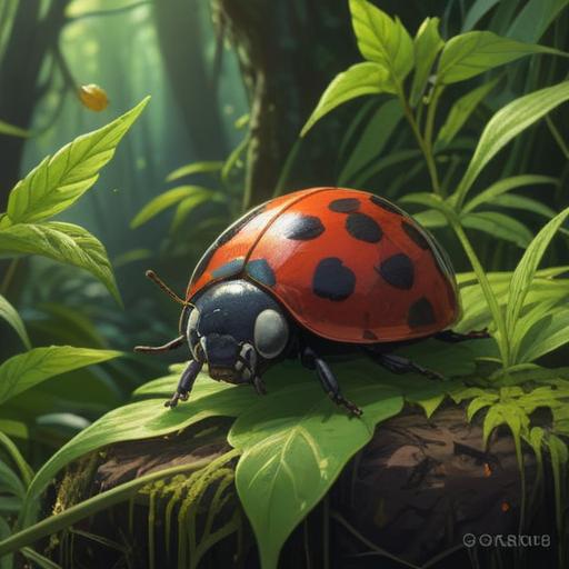 A spiritual illustration featuring a black and red ladybug, symbolizing good signs, surrounded by lush green foliage, soft warm light filtering through trees, intricate details on the ladybug’s shell, ethereal atmosphere, vibrant colors, serene nature setting, 4k