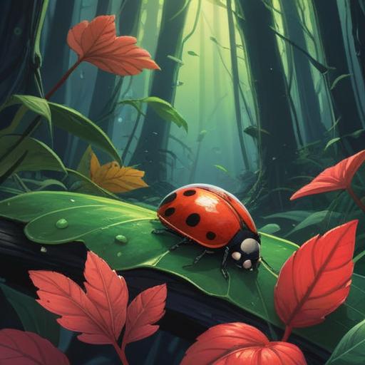 A striking illustration of a black and red ladybug perched on a leaf, symbolic of spiritual awareness, mystical forest background, vibrant colors, ethereal light shining through the trees, detailed close-up of the ladybug, capturing its intricate patterns, serene atmosphere, representing transformation and messages from the universe, 4k