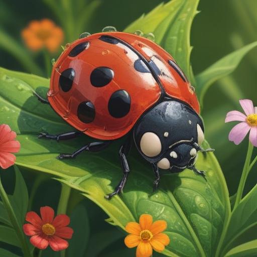 A vibrant and whimsical illustration of a black and red ladybug, resting on a lush green leaf, surrounded by colorful flowers, a bright blue sky in the background, sunlight filtering through the leaves, symbolizing good luck, enchanting and magical atmosphere, 4k
