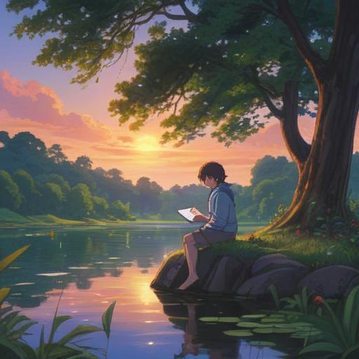 A serene and contemplative scene, a person sitting peacefully on a tranquil lakeside, surrounded by lush trees, holding a letter with glowing edges, soft sunlight filtering through the leaves, their expression reflecting anticipation and calmness, nature's beauty enhancing the moment, gentle ripples on the water, warm golden hues, 4k