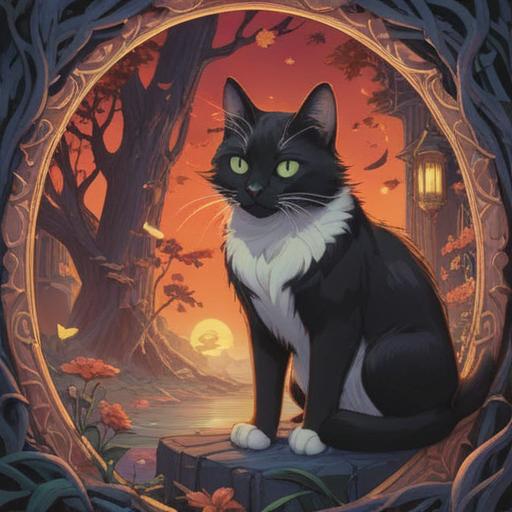 A mystical illustration of a black and white cat, symbolizing balance and duality, surrounded by ethereal light, featuring a serene expression, intricate zodiac symbols in the background, a calming atmosphere, enchanting elements like stars and moons, emphasizing spiritual significance, 4k