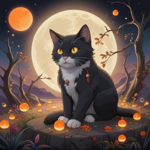 A mystical scene featuring a black and white cat, sitting gracefully under a full moon, surrounded by glowing orbs of light, lush greenery, soft, ethereal mist, serene atmosphere, spiritual symbols subtly incorporated in the background, enchanting night sky, 4k