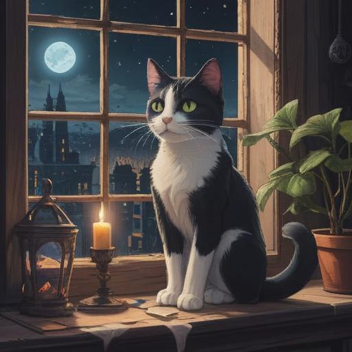 A black and white cat sitting gracefully on a windowsill, surrounded by mystical symbols and ethereal light, an aura of spirituality, serene atmosphere, intricate details in the background, capturing the essence of intuition and omens, tranquil setting, 4k