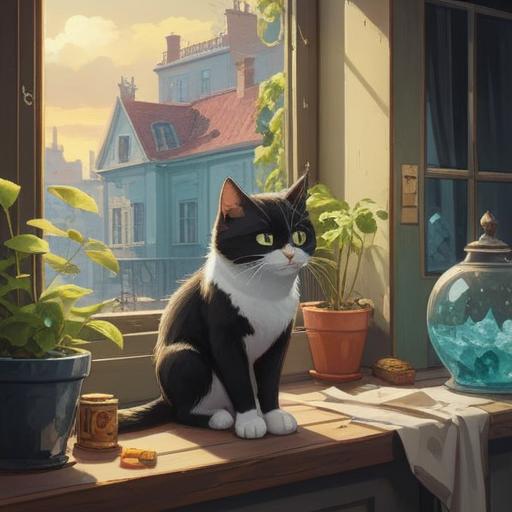 A black and white cat sitting on a windowsill, sunlight streaming through the glass, a small collection of lucky items on the table, including a four-leaf clover, a horseshoe, and a lucky coin, vibrant green plants in the background, cozy and inviting atmosphere, whimsical details, 4k