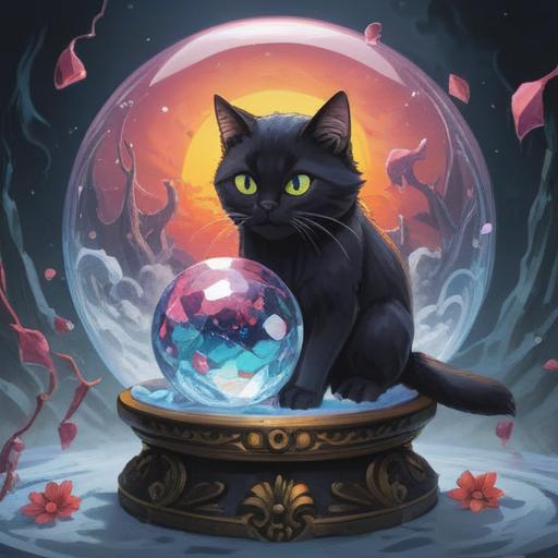 A mystical scene featuring a black and white cat sitting gracefully on a crystal ball, surrounded by swirling mist, symbols of spirituality like chakras and yin-yang, an ethereal glow in the background, moonlit night, intricate details of the cat’s fur, enchanting atmosphere, 4k