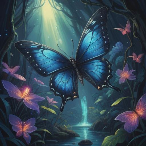 A captivating illustration of a black and blue butterfly, symbolizing spiritual transformation, surrounded by ethereal light, fluttering over a tranquil garden, vibrant flowers in bloom, gentle breeze rustling leaves, serene atmosphere, intricate details on the butterfly's wings, conveying a sense of peace and enlightenment, 4k