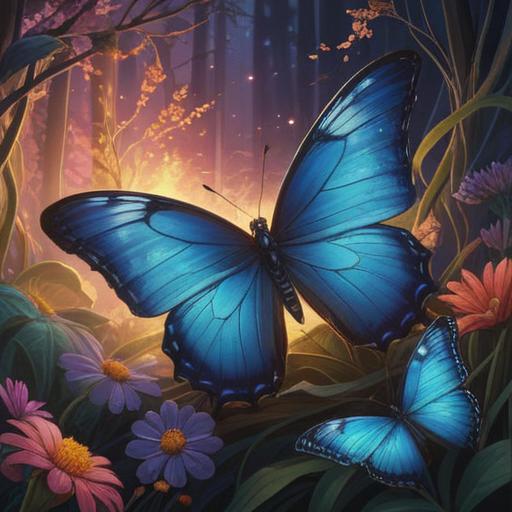 A serene scene featuring a striking black and blue butterfly resting on a vibrant flower, surrounded by an ethereal glow, symbolizing spiritual awakening, lush green foliage in the background, soft rays of sunlight filtering through, mystical atmosphere, introspective mood, 4k