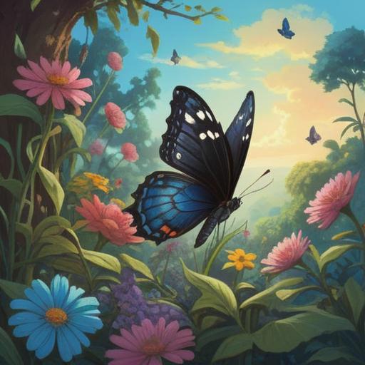 A black and blue butterfly perched delicately on a vibrant flower, symbolizing good luck, serene garden setting, soft sunlight filtering through leaves, intricate details on butterfly wings, lush greenery in the background, enchanting atmosphere, whimsical imagery, 4k