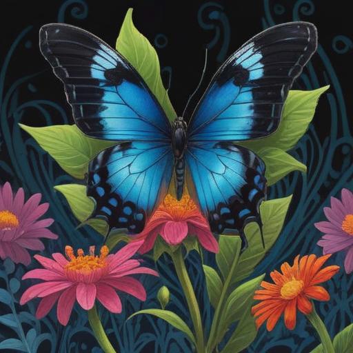 A black and blue butterfly perched on a vibrant flower, symbolizing transformation and mystery, intricate patterns on its wings, contrasting colors representing duality, a serene garden setting, soft sunlight illuminating the scene, gentle breeze rustling the leaves, vivid emotions captured, 4k