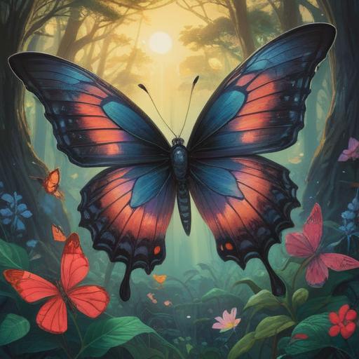A mystical illustration of a black butterfly symbolizing transformation and rebirth, surrounded by ethereal light, intricate patterns of nature, a serene landscape in the background, a sense of spiritual awakening, vibrant yet dark colors, 4k