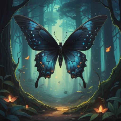 A black butterfly symbolizing spiritual good fortune, mystical forest setting, ethereal light filtering through trees, serene atmosphere, delicate details of the butterfly wings, hints of magic surrounding the butterfly, vibrant flora, enchanting mood, 4k
