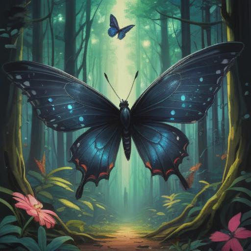 A deep and mystical illustration featuring a black butterfly gracefully fluttering through a serene forest, surrounding elements symbolizing spiritual awareness, rays of light filtering through the trees, ancient symbols etched on the bark, a peaceful atmosphere, inviting contemplation, rich textures, vibrant greens, and soft shadows, 4k