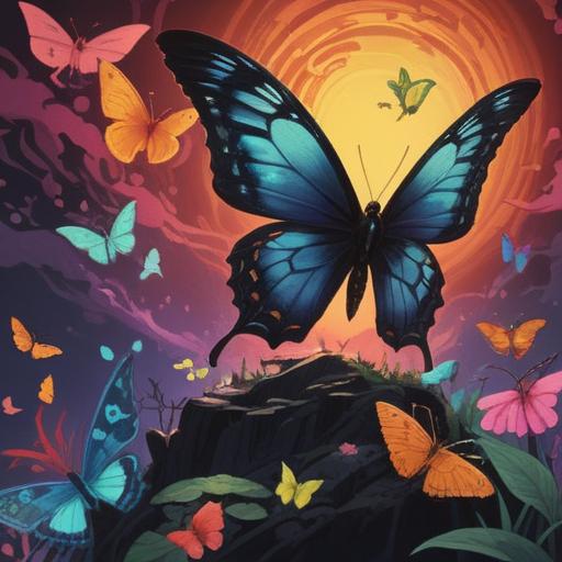 A mysterious scene featuring a black butterfly hovering gracefully above a collection of lucky items, vibrant colors, intricate details of each lucky item, soft light illuminating the butterfly's wings, enchanted forest setting, magical aura, whimsical atmosphere, symbolizing fortune and transformation, 4k