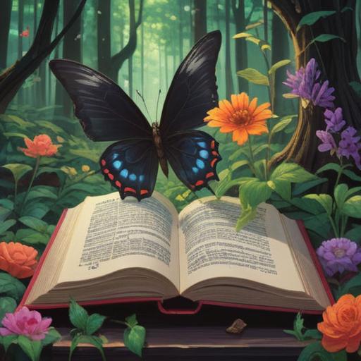 A black butterfly gently perched on an open book, surrounded by blooming flowers, sunlight filtering through the trees, symbolism of personal growth and transformation, serene atmosphere, detailed textures, 4k