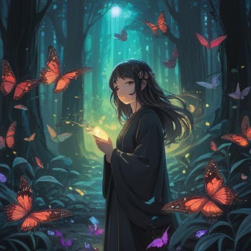 A mystical scene featuring black butterflies gracefully approaching a meditative figure, surrounded by ethereal light, representing spiritual connection and transformation, serene forest backdrop, deep forest green hues, enchanting atmosphere, symbolic imagery, 4k