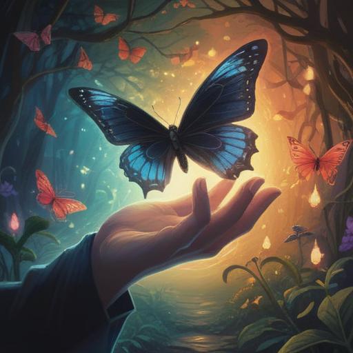 A mystical scene featuring a black butterfly gently landing on a person's outstretched hand, surrounded by a soft glow of light, ethereal atmosphere, symbols of spirituality in the background, tranquil nature setting, vibrant flowers, deep connection with nature, imagery representing blessings and good omens, 4k