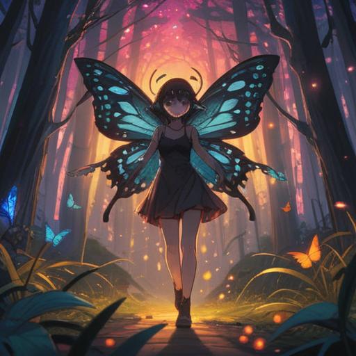 A mysterious scene featuring a black butterfly gracefully approaching a person, surrounded by an enchanting forest, soft glowing lights in the background, a sense of calmness and alertness, spiritual symbolism represented by ethereal patterns, lush greenery, mystical aura, 4k