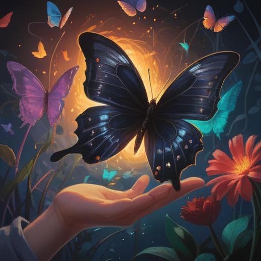 A black butterfly gently landing on a person's hand, a soft glow illuminating the surrounding area, vibrant lucky items scattered around, magical atmosphere, whimsical forest background, delicate details, serene expressions, 4k