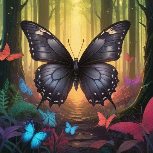 A mysterious encounter with a black butterfly, a vibrant forest setting, ethereal light filtering through the trees, the butterfly gracefully landing on a character's hand, symbols of destiny and transformation, a sense of wonder and magic in the air, intricate details on the butterfly's wings, emotional expressions, 4k
