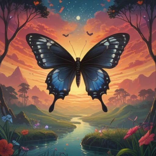 A mystical scene featuring a black butterfly flying gracefully across a serene landscape, symbolizing transformation and spiritual awakening, surrounded by ethereal light and soft, glowing orbs, lush greenery in the background, tranquil atmosphere, enchanting details, representation of inner peace, 4k