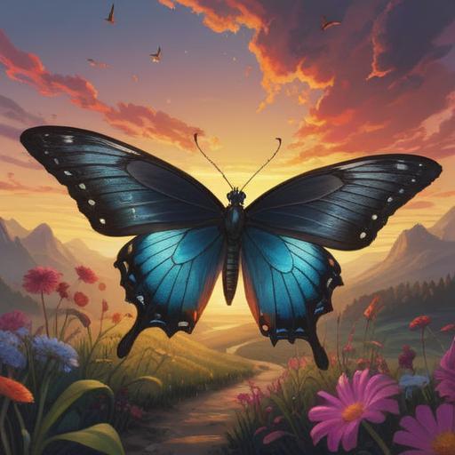 A mystical scene featuring a black butterfly gracefully hovering above a serene landscape, symbols of spirituality and good omens, ethereal light illuminating the butterfly's wings, vibrant flowers in the foreground, a tranquil river reflecting the sky, a sense of harmony and peace, 4k