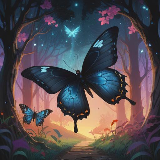 A mystical scene depicting a black butterfly crossing a serene landscape, symbolizing a spiritual message, ethereal light filtering through trees, a sense of calmness and awakening, subtle hints of nature's beauty, reflective water surface mirroring the butterfly's presence, enchanting atmosphere, 4k