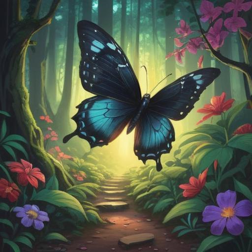 A black butterfly crossing one's path, symbolizing good luck, enchanting forest setting, soft sunlight filtering through leaves, vibrant flowers, serene atmosphere, gentle breeze, whimsical feel, intricate details, 4k