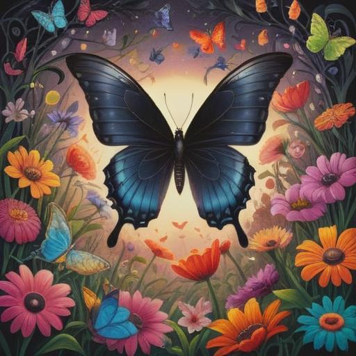 A black butterfly hovering gracefully, symbolizing transformation and introspection, surrounded by a serene natural setting, vibrant flowers and lush greenery, soft sunlight filtering through leaves, contemplative mood, conveying deep life messages, intricate details, 4k