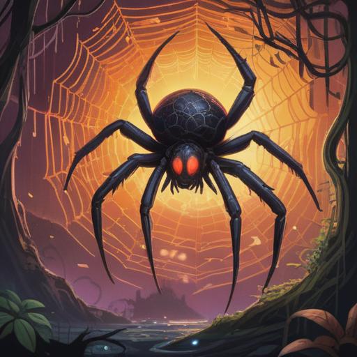 A mystical black spider on a shimmering web, symbolizing transformation and intuition, surrounded by ethereal light, ancient symbols in the background, a calm forest setting, representing spiritual growth and new beginnings, intricate details of the spider and web, serene atmosphere, 4k